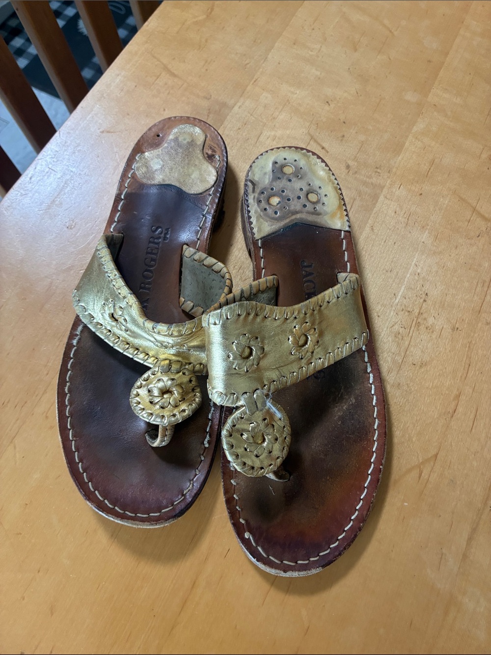 Jack Rogers Gold Braided Leather Thong Sandals - Women